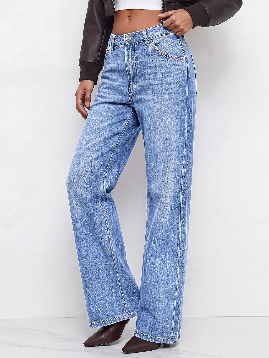 image:imageBTFBM Women High Waisted Casual Wide Leg Jeans Trendy Stretchy Denim PantsLight Blue
