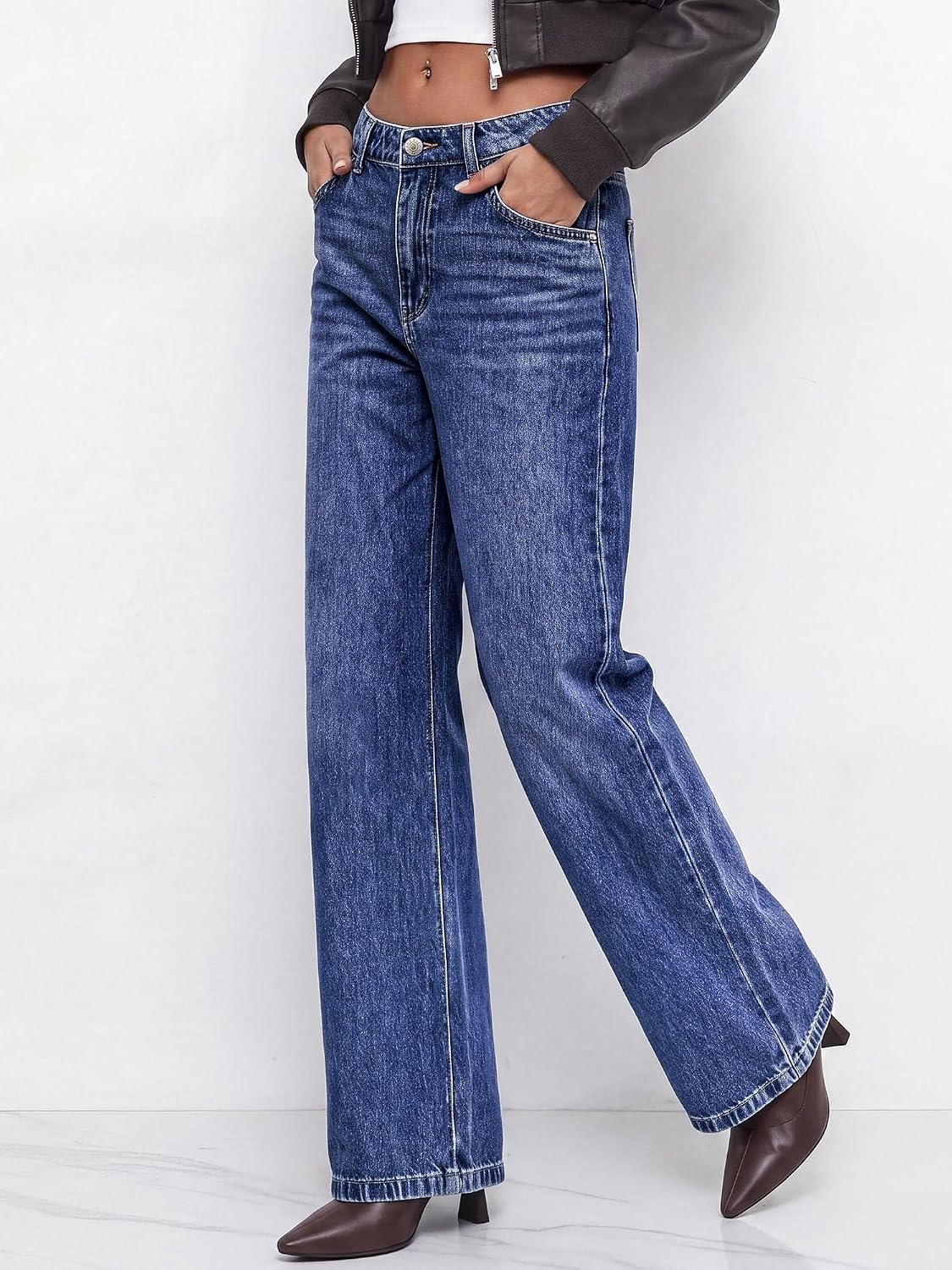 image:imageBTFBM Women High Waisted Casual Wide Leg Jeans Trendy Stretchy Denim PantsMedium Blue