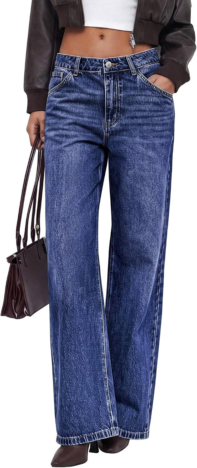 image:imageBTFBM Women High Waisted Casual Wide Leg Jeans Trendy Stretchy Denim PantsMedium Blue