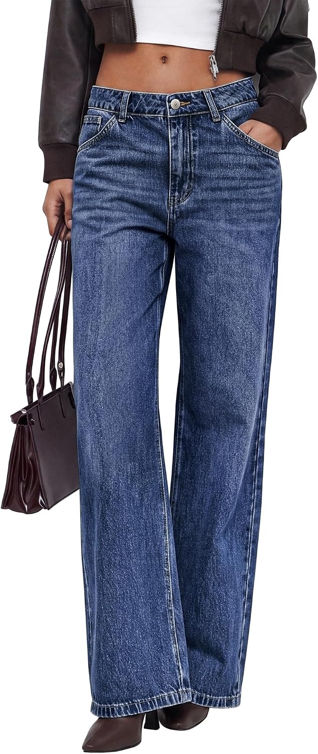 image:imageBTFBM Women High Waisted Casual Wide Leg Jeans Trendy Stretchy Denim PantsNavy