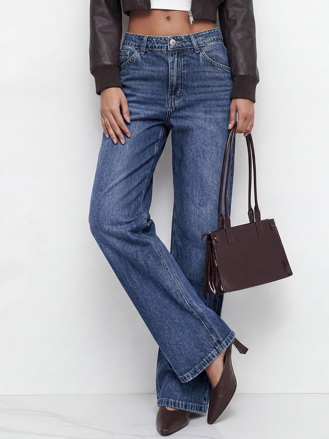 image:imageBTFBM Women High Waisted Casual Wide Leg Jeans Trendy Stretchy Denim PantsNavy