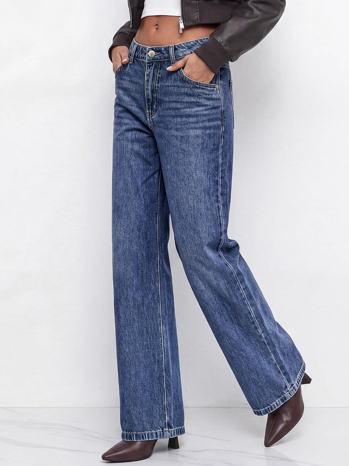 image:imageBTFBM Women High Waisted Casual Wide Leg Jeans Trendy Stretchy Denim PantsNavy