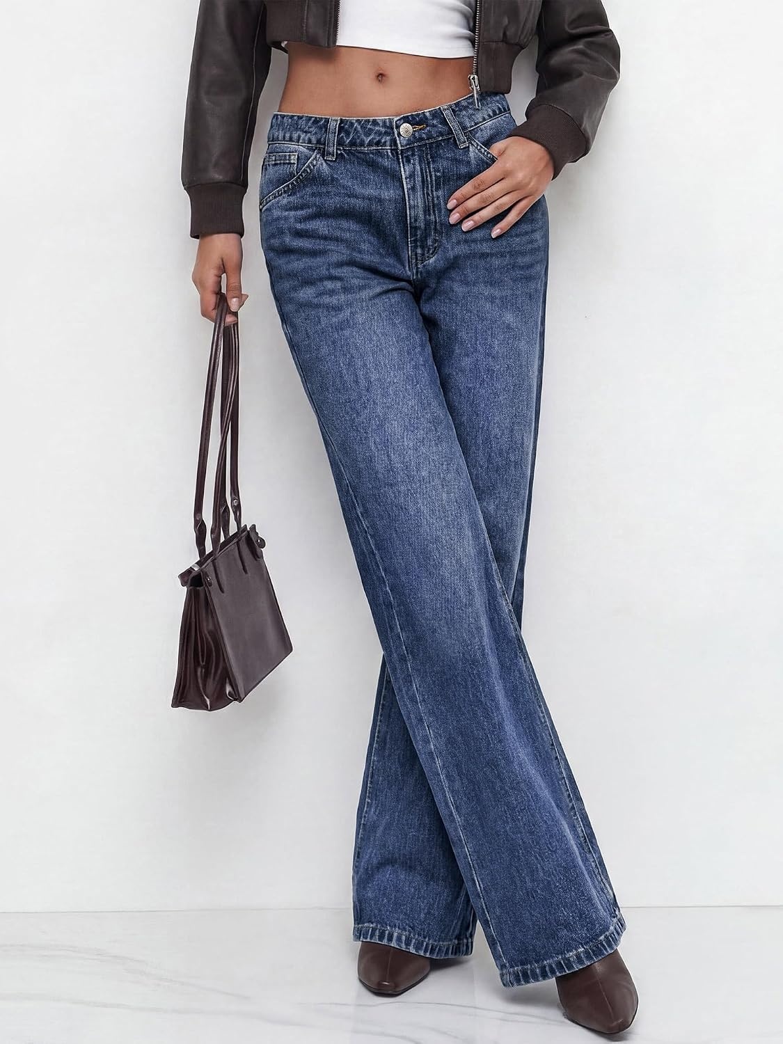 image:imageBTFBM Women High Waisted Casual Wide Leg Jeans Trendy Stretchy Denim PantsNavy
