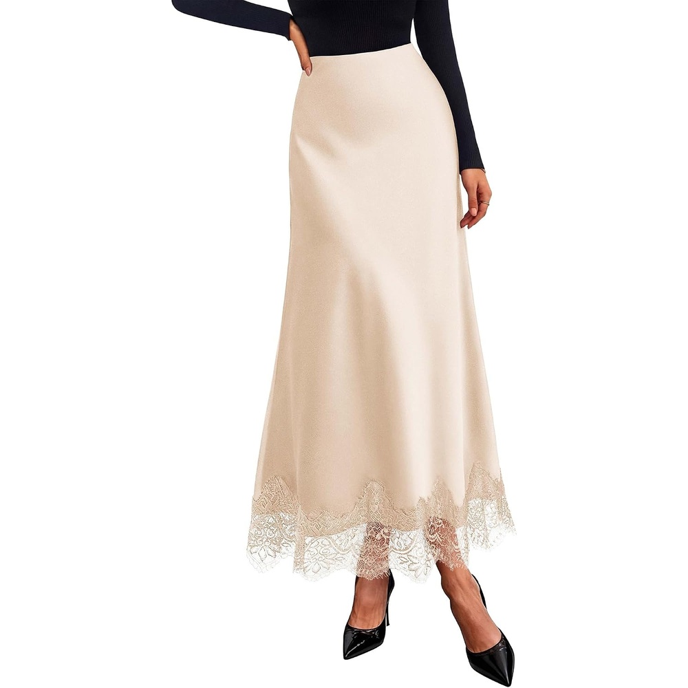image:imageBTFBM Lace Trim Satin Skirts for Women Elegant Fall Fashion Clothing 2026Beige