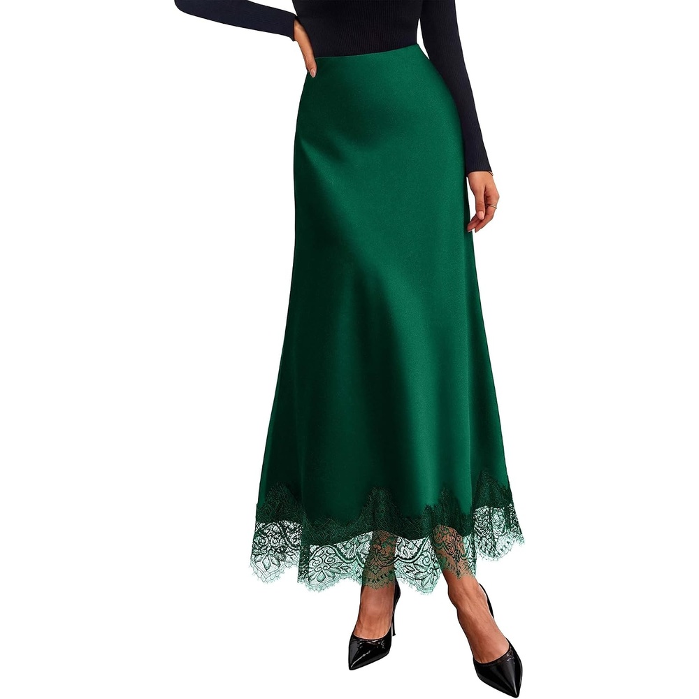 image:imageBTFBM Lace Trim Satin Skirts for Women Elegant Fall Fashion Clothing 2026Dark Green