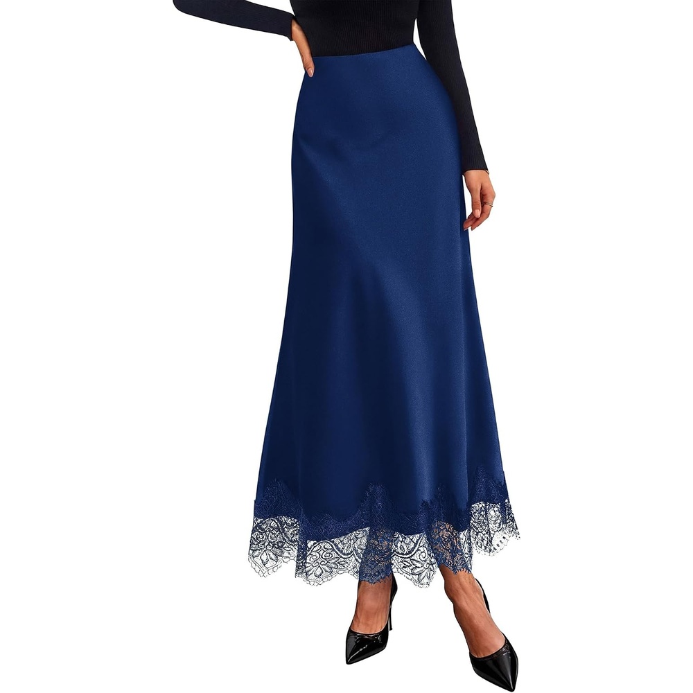 image:imageBTFBM Lace Trim Satin Skirts for Women Elegant Fall Fashion Clothing 2026Navy Blue