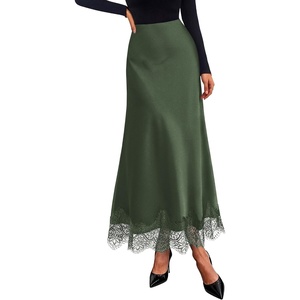 BTFBM Lace Trim Satin Skirts for Women Elegant Fall Fashion Clothing 2026(Army Green)