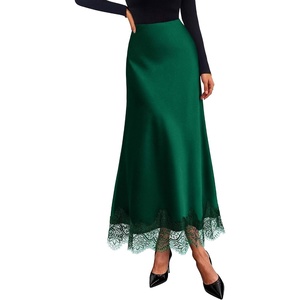 BTFBM Lace Trim Satin Skirts for Women Elegant Fall Fashion Clothing 2026(Dark Green)