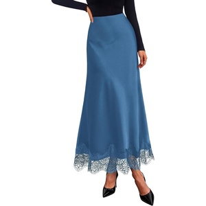 BTFBM Lace Trim Satin Skirts for Women Elegant Fall Fashion Clothing 2026(Grey Blue)
