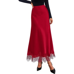 BTFBM Lace Trim Satin Skirts for Women Elegant Fall Fashion Clothing 2026(Red)