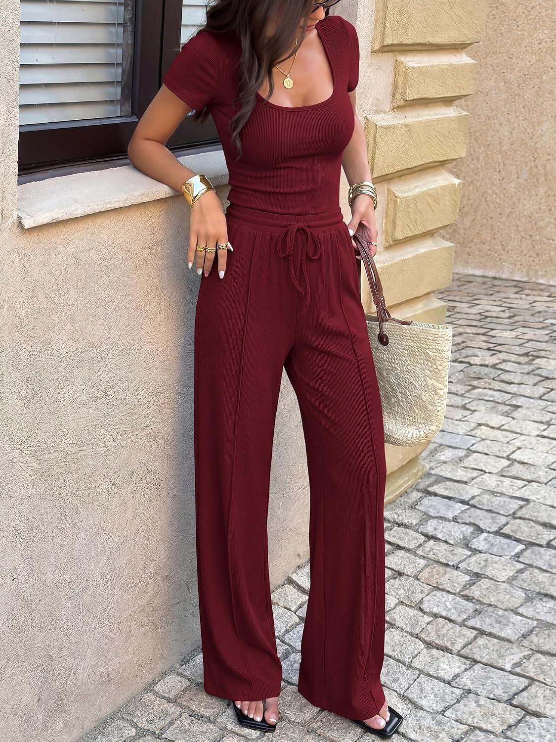 image:imageBTFBM Casual 2 Piece Sets For Women Summer 2026Wine Red