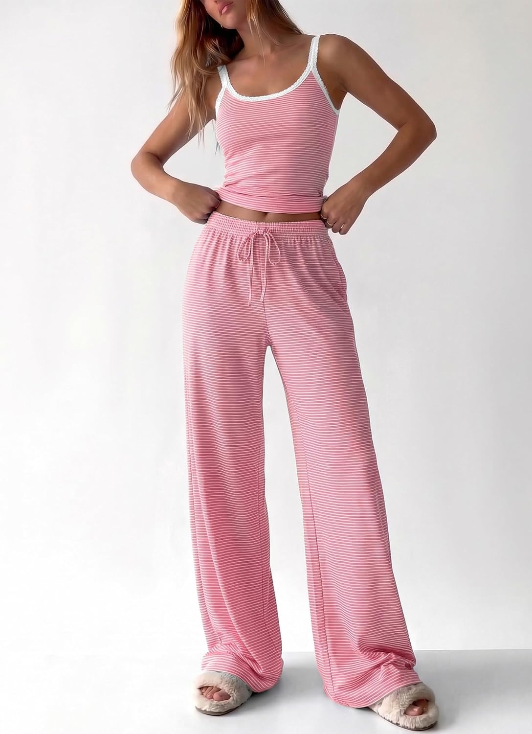 image:imageBTFBM Striped Lounge Sets For Women 2 Piece Pajama Sets Pants 2026 FallStriped Pink White