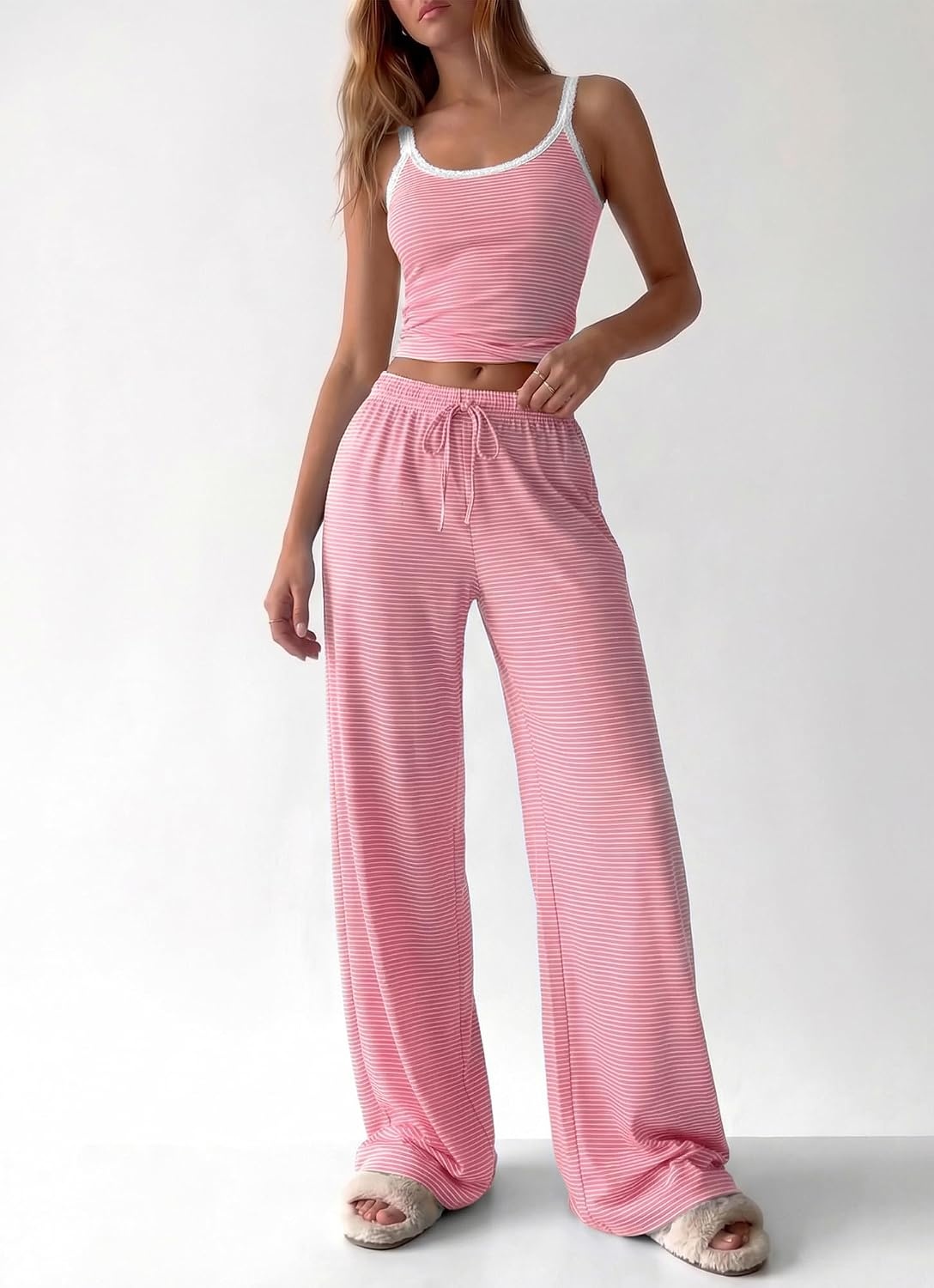 image:imageBTFBM Striped Lounge Sets For Women 2 Piece Pajama Sets Pants 2026 FallStriped Pink White