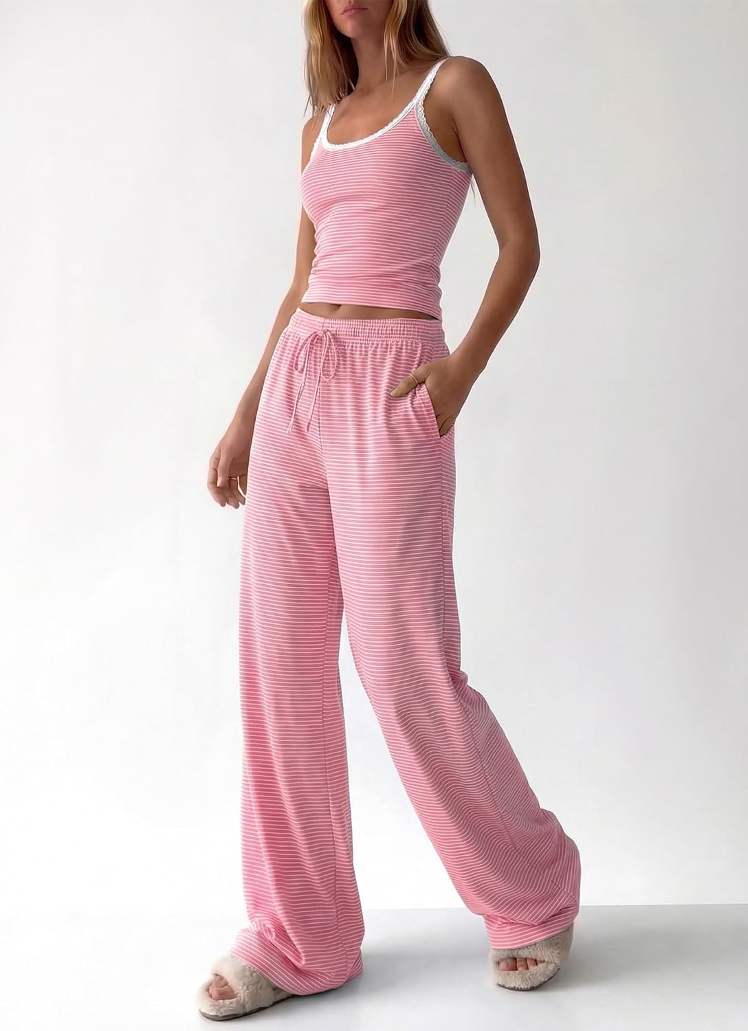 image:imageBTFBM Striped Lounge Sets For Women 2 Piece Pajama Sets Pants 2026 FallStriped Pink White