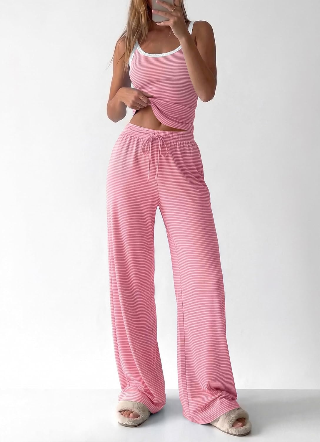 image:imageBTFBM Striped Lounge Sets For Women 2 Piece Pajama Sets Pants 2026 FallStriped Pink White