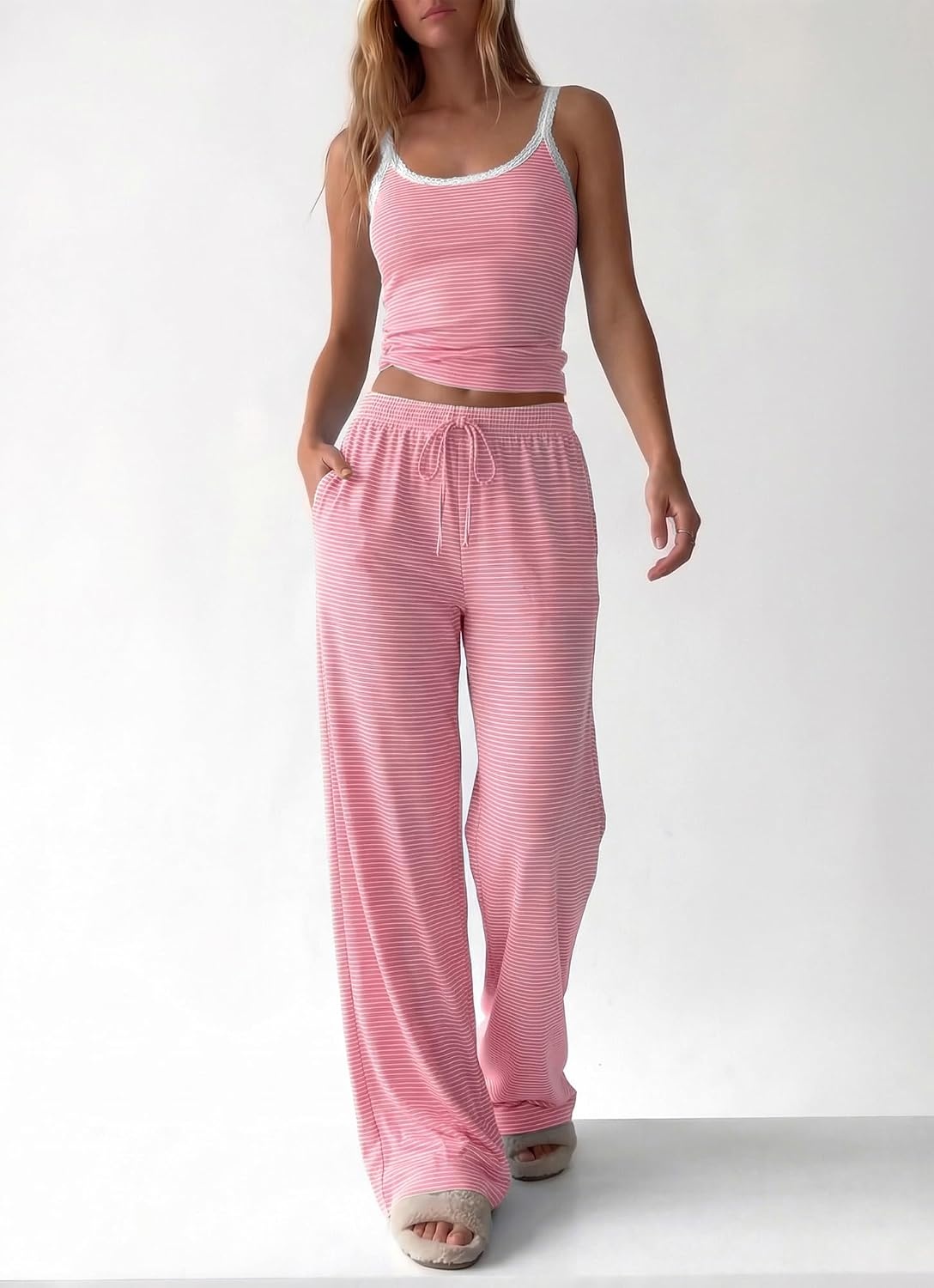image:imageBTFBM Striped Lounge Sets For Women 2 Piece Pajama Sets Pants 2026 FallStriped Pink White