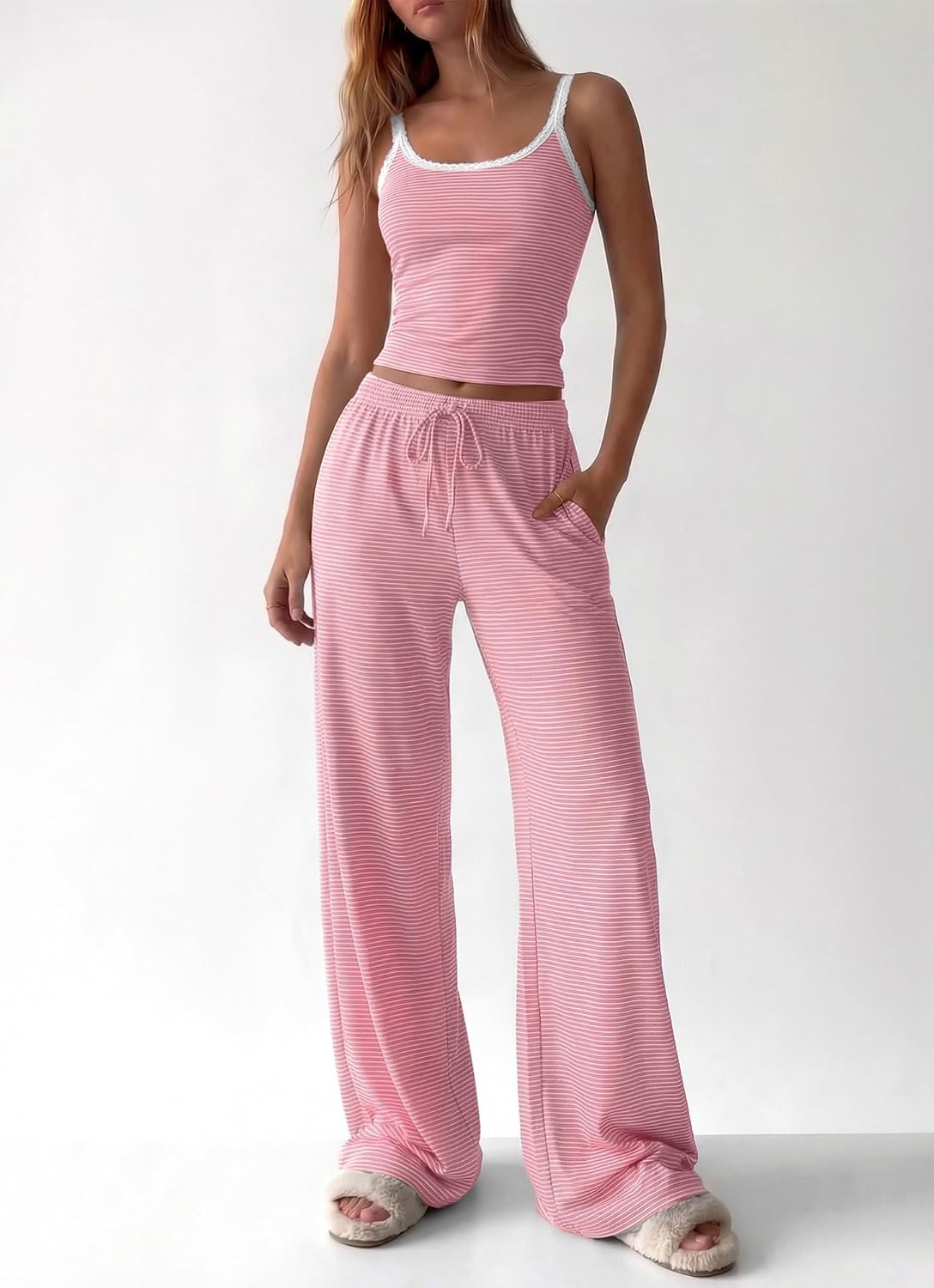 image:imageBTFBM Striped Lounge Sets For Women 2 Piece Pajama Sets Pants 2026 FallStriped Pink White