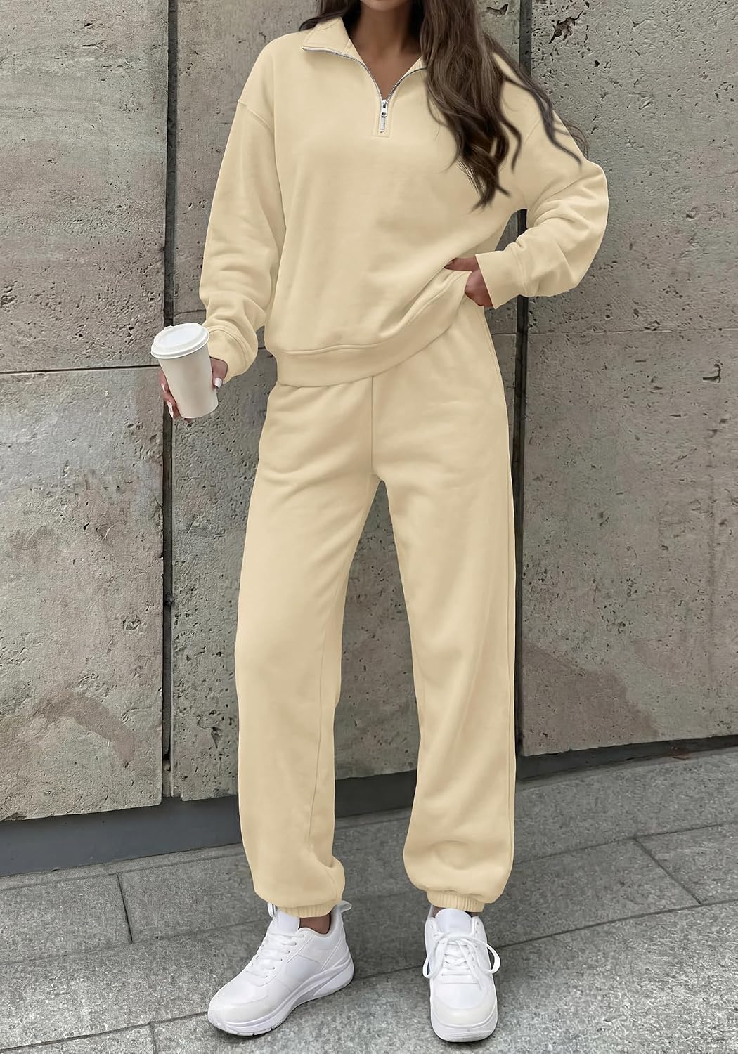 image:imageBTFBM Womens 2 Piece Matching Lounge Set Sweatsuits Fashion ClothingApricot