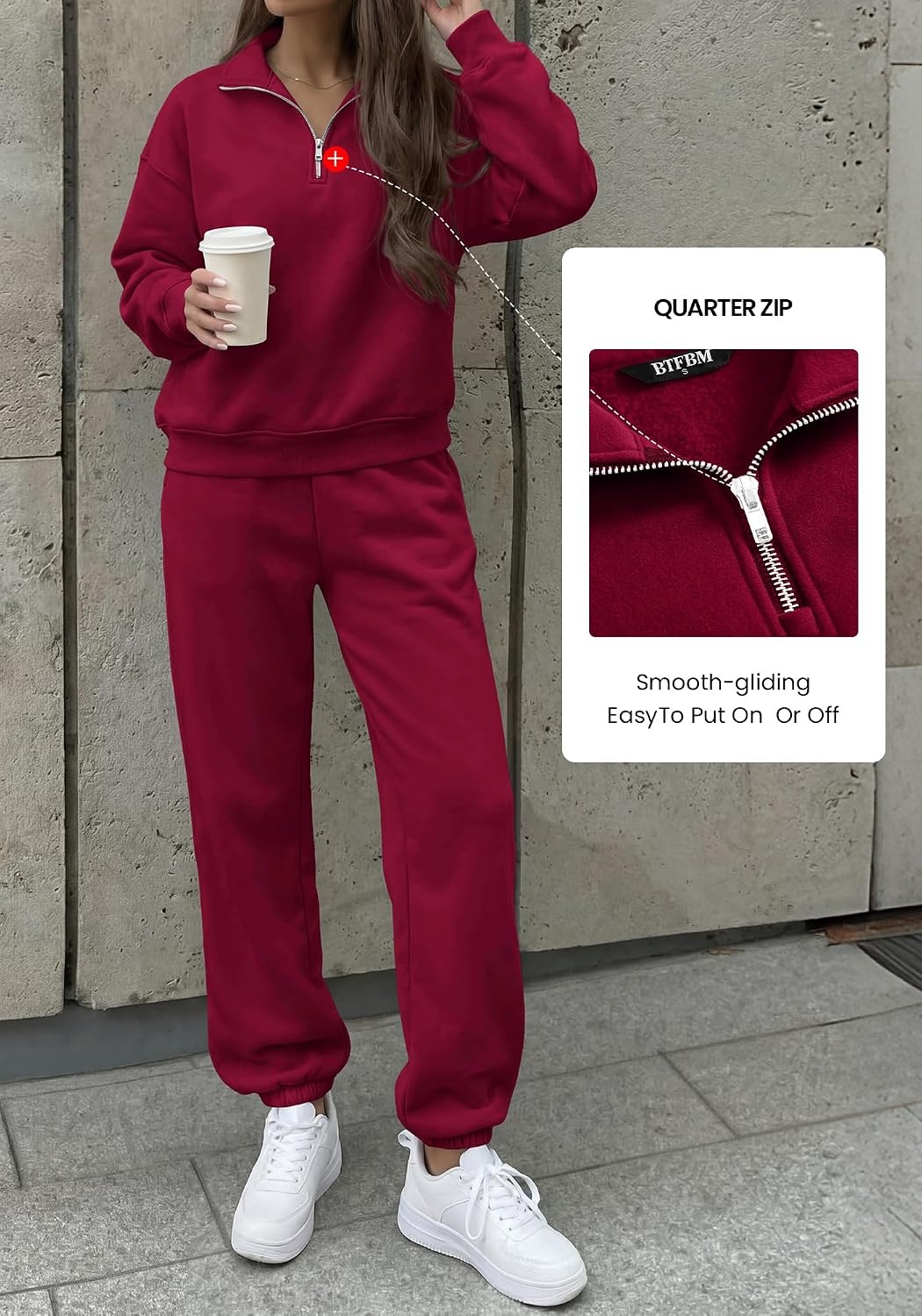 image:imageBTFBM Womens 2 Piece Matching Lounge Set Sweatsuits Fashion ClothingBurgundy
