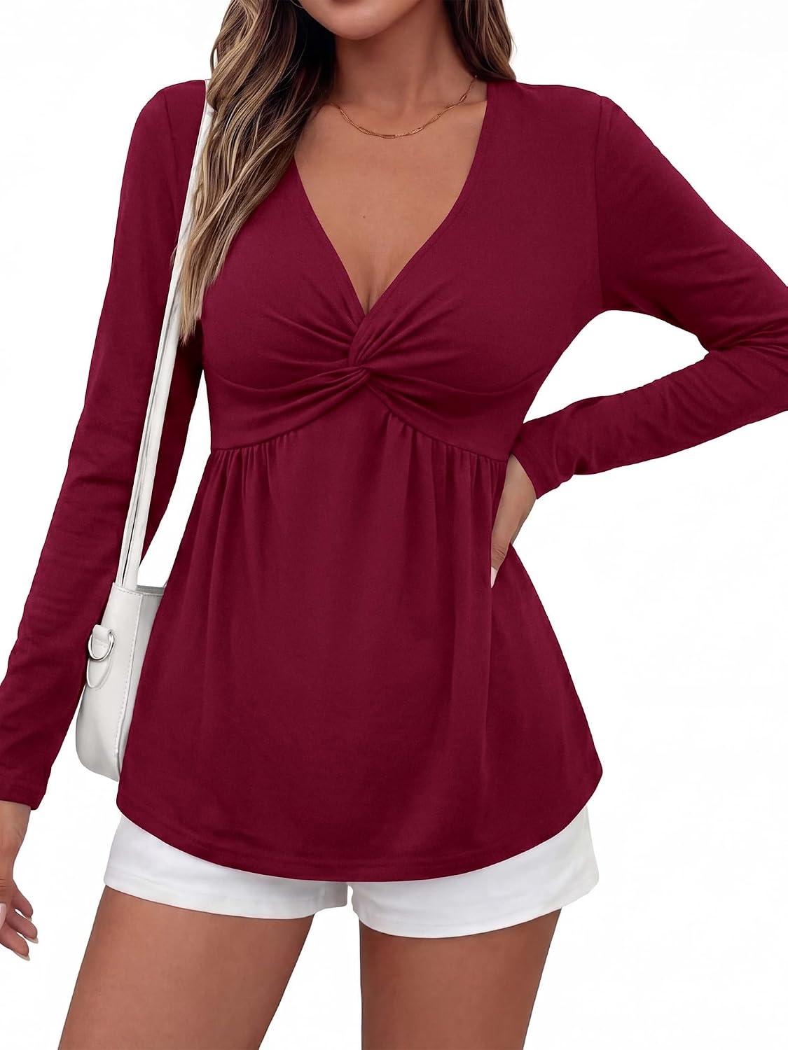 image:imageBTFBM Babydoll Tops for Women Fall Clothes Long Sleeve Shirts Peplum TopBurgundy