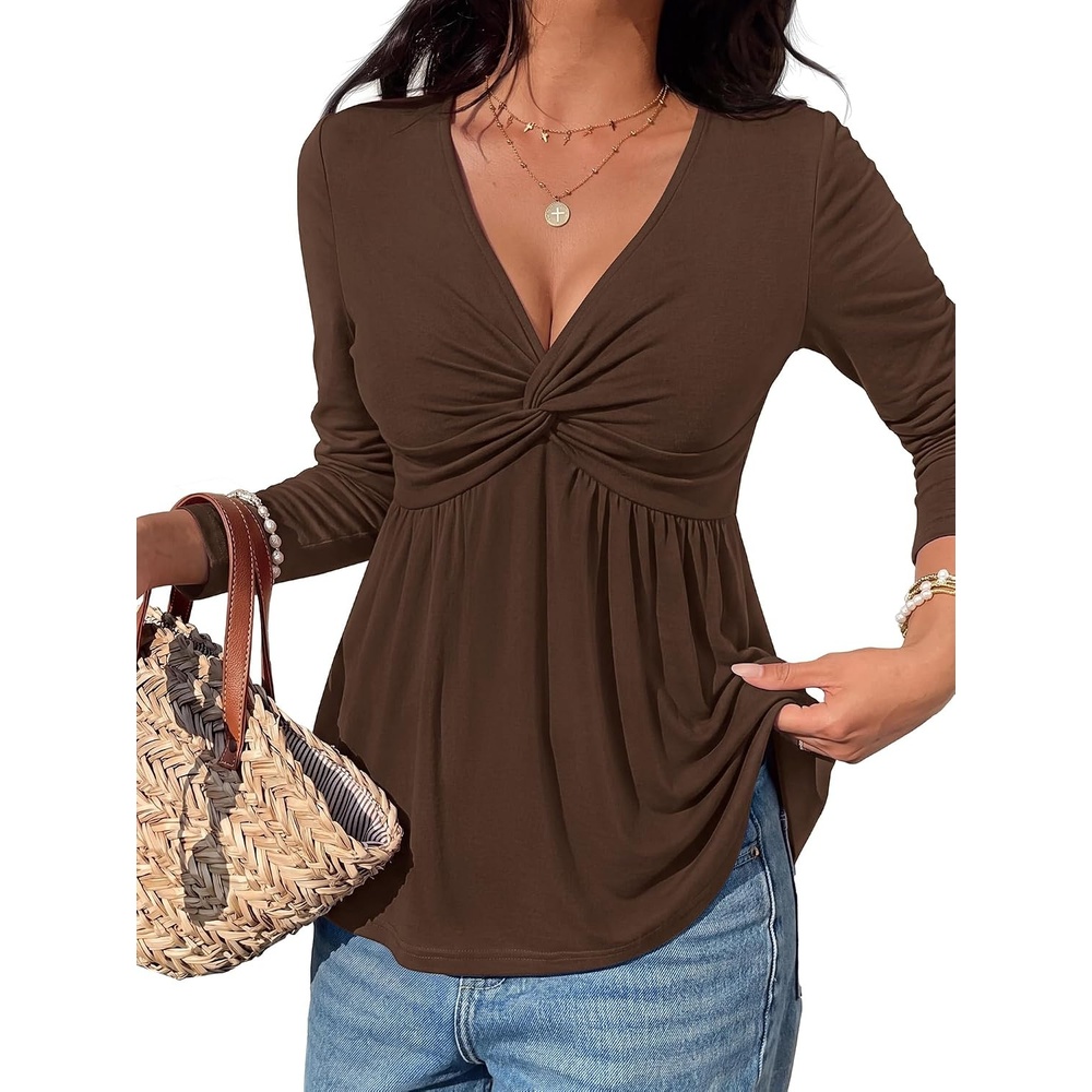 image:imageBTFBM Babydoll Tops for Women Fall Clothes Long Sleeve Shirts Peplum TopBrown
