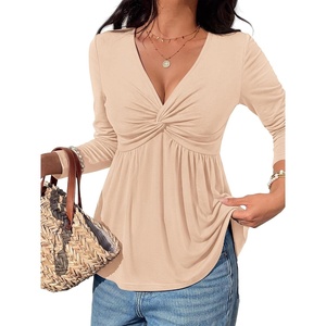 BTFBM Babydoll Tops for Women Fall Clothes Long Sleeve Shirts Peplum Top(Beige)