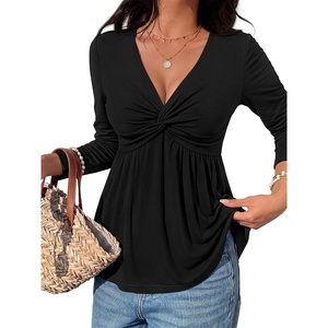 BTFBM Babydoll Tops for Women Fall Clothes Long Sleeve Shirts Peplum Top(Black)