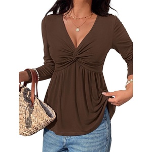 BTFBM Babydoll Tops for Women Fall Clothes Long Sleeve Shirts Peplum Top(Brown)