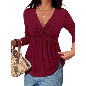 BTFBM Babydoll Tops for Women Fall Clothes Long Sleeve Shirts Peplum Top(Burgundy)