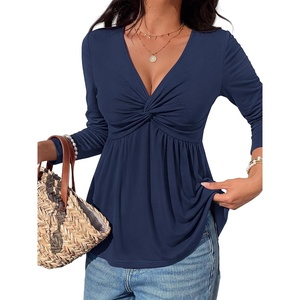 BTFBM Babydoll Tops for Women Fall Clothes Long Sleeve Shirts Peplum Top(Navy Blue)