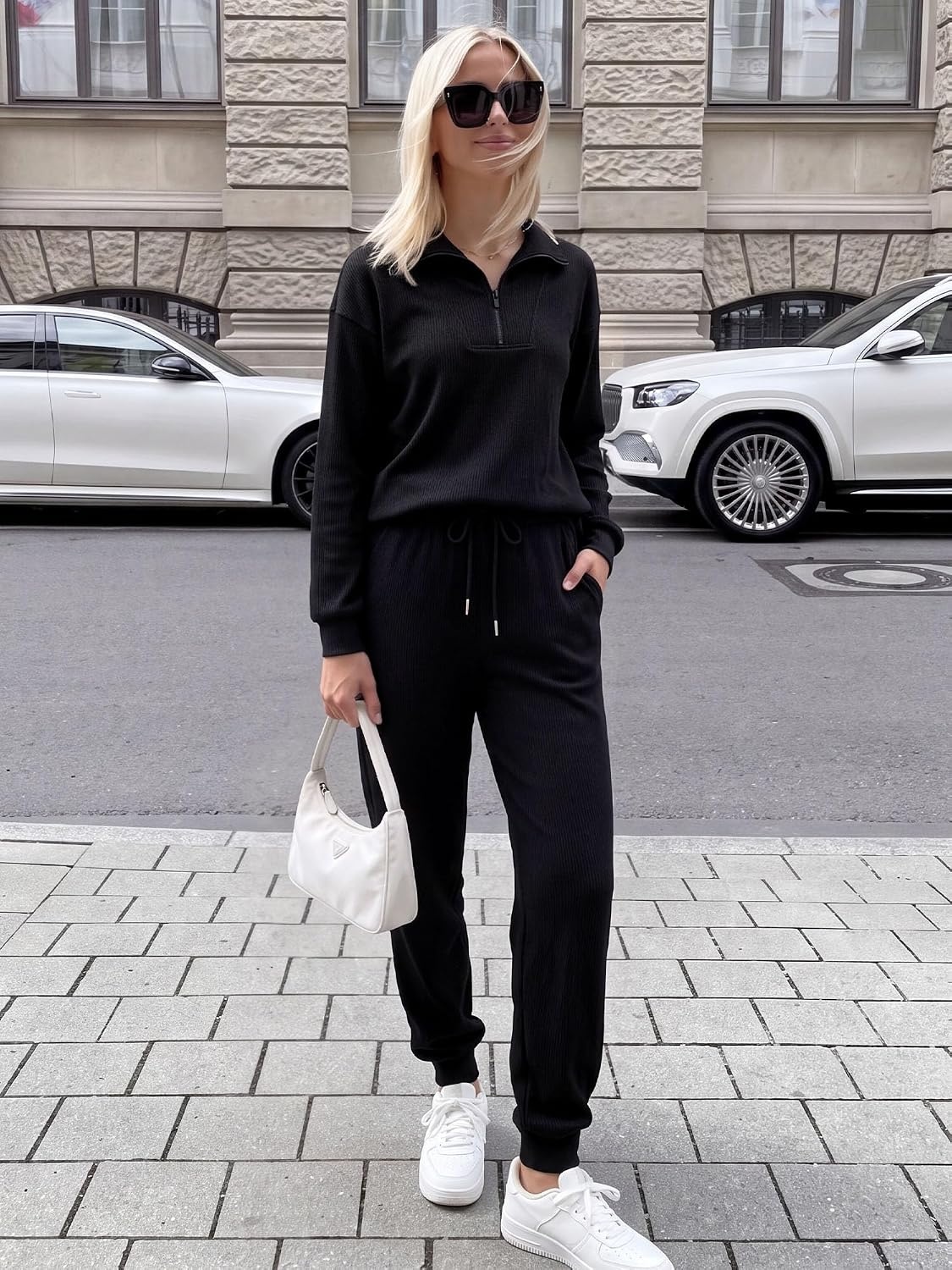 image:imageBTFBM Womens 2 Piece Tracksuit Fall Outfits 2026 Long Sleeve Half Zip Sweatshirt Sweatpants Lounge Set SweatsuitsSolid Black
