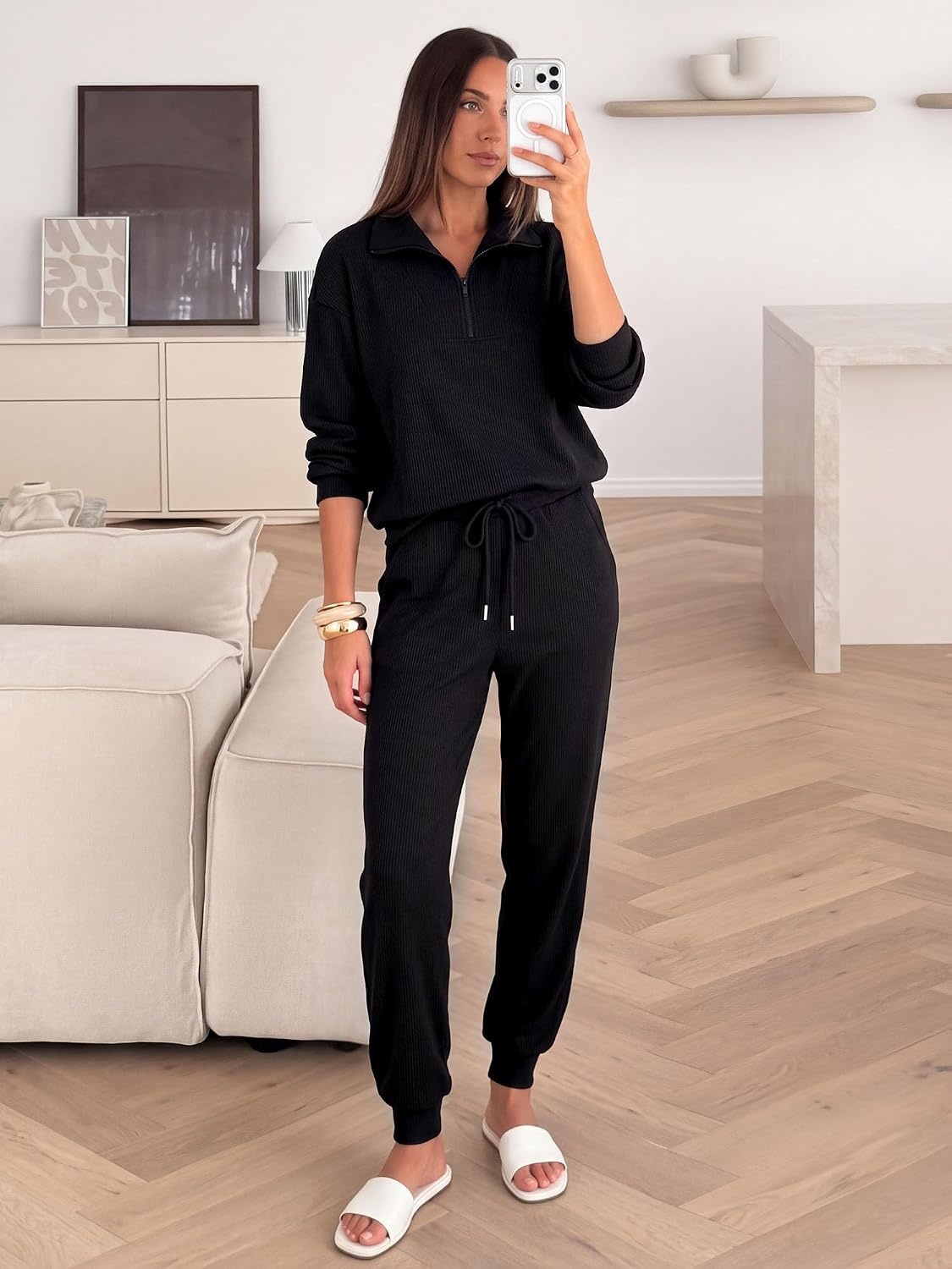 image:imageBTFBM Womens 2 Piece Tracksuit Fall Outfits 2026 Long Sleeve Half Zip Sweatshirt Sweatpants Lounge Set SweatsuitsSolid Black