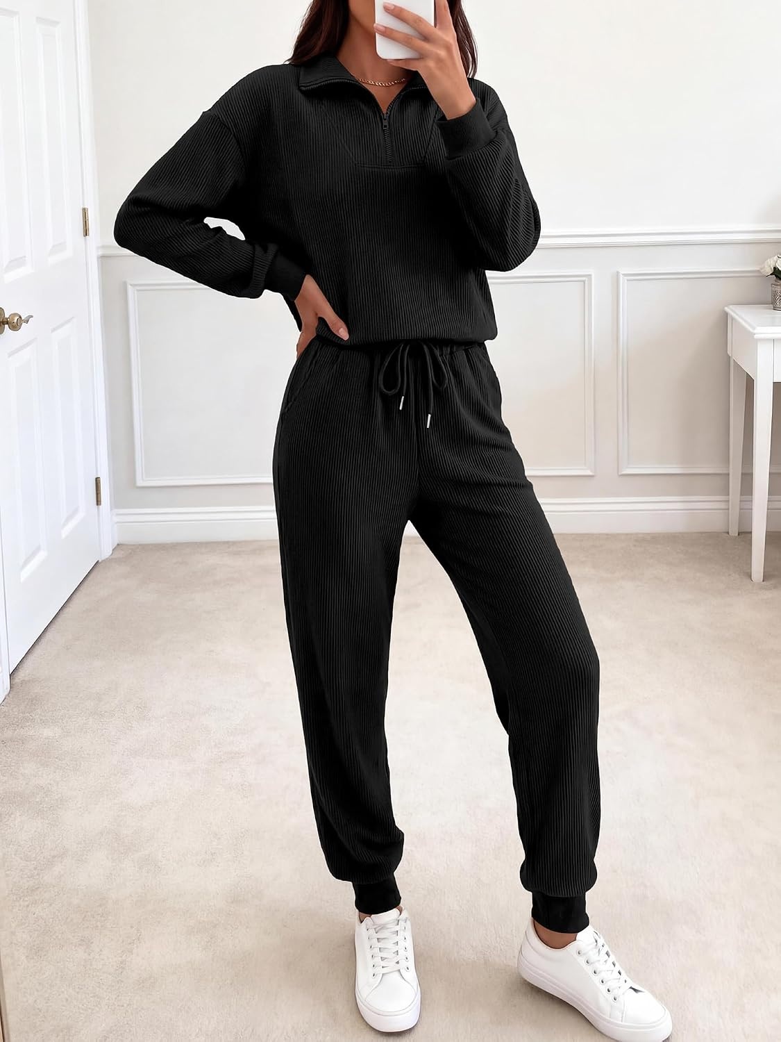 image:imageBTFBM Womens 2 Piece Tracksuit Fall Outfits 2026 Long Sleeve Half Zip Sweatshirt Sweatpants Lounge Set SweatsuitsSolid Black