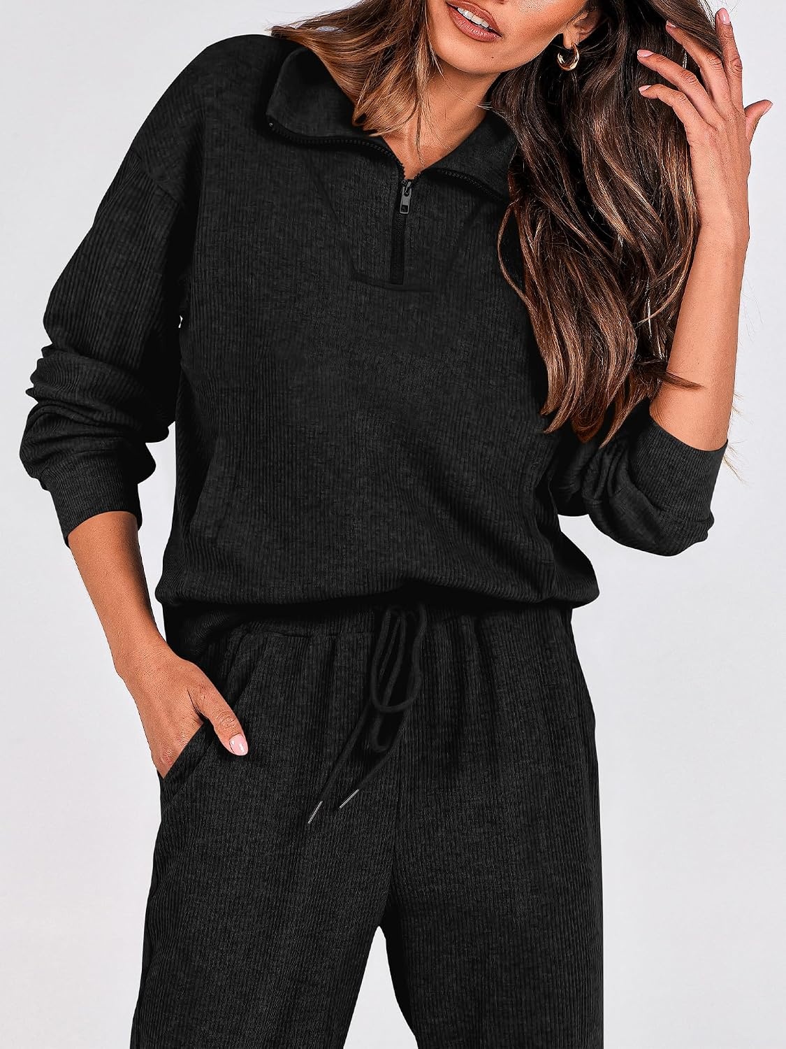 image:imageBTFBM Womens 2 Piece Tracksuit Fall Outfits 2026 Long Sleeve Half Zip Sweatshirt Sweatpants Lounge Set SweatsuitsSolid Black