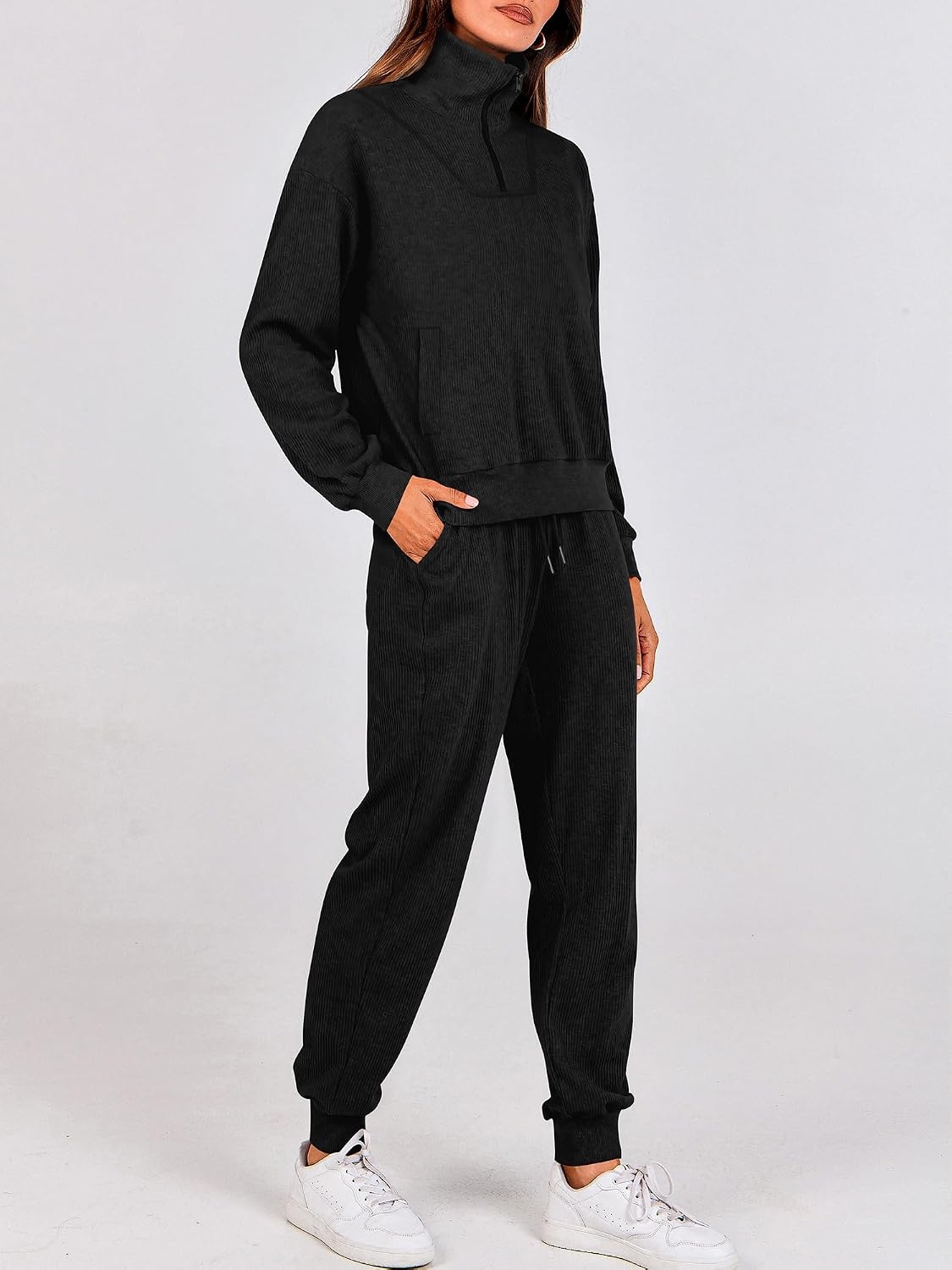 image:imageBTFBM Womens 2 Piece Tracksuit Fall Outfits 2026 Long Sleeve Half Zip Sweatshirt Sweatpants Lounge Set SweatsuitsSolid Black