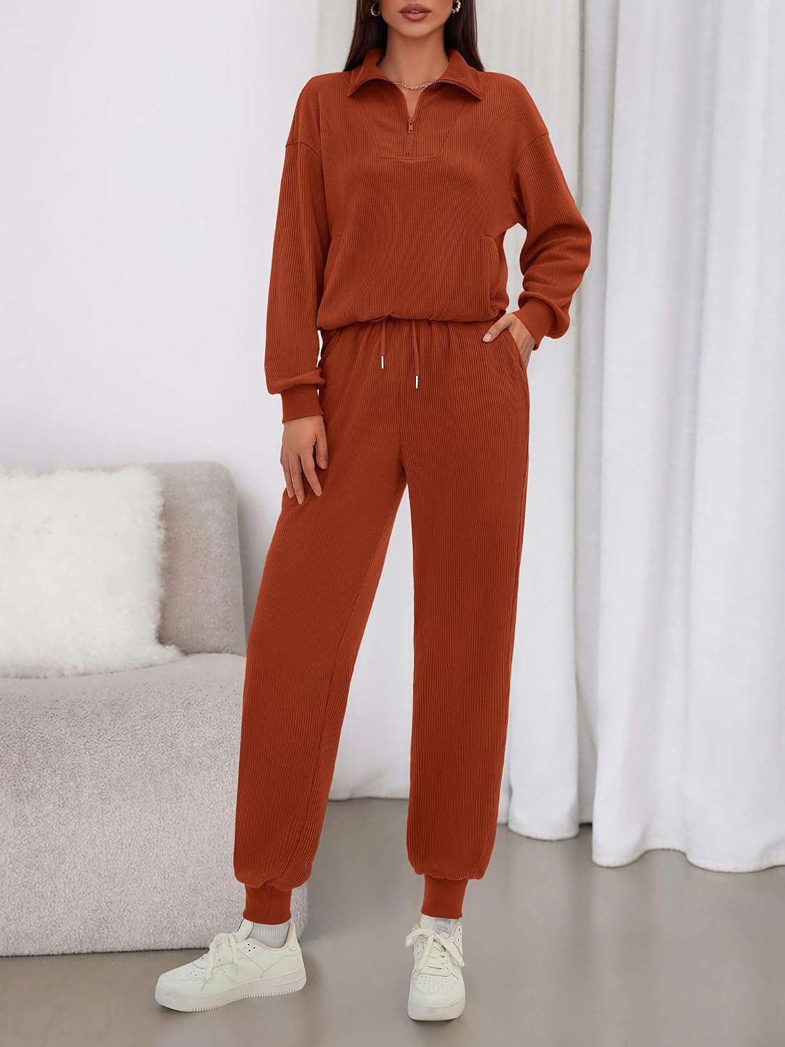 image:imageBTFBM Womens 2 Piece Tracksuit Fall Outfits 2026 Long Sleeve Half Zip Sweatshirt Sweatpants Lounge Set SweatsuitsSolid Brick Red
