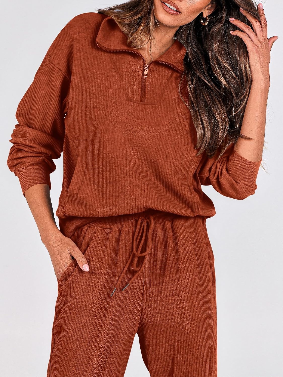 image:imageBTFBM Womens 2 Piece Tracksuit Fall Outfits 2026 Long Sleeve Half Zip Sweatshirt Sweatpants Lounge Set SweatsuitsSolid Brick Red