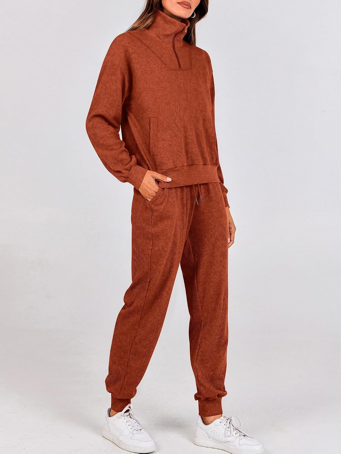 image:imageBTFBM Womens 2 Piece Tracksuit Fall Outfits 2026 Long Sleeve Half Zip Sweatshirt Sweatpants Lounge Set SweatsuitsSolid Brick Red