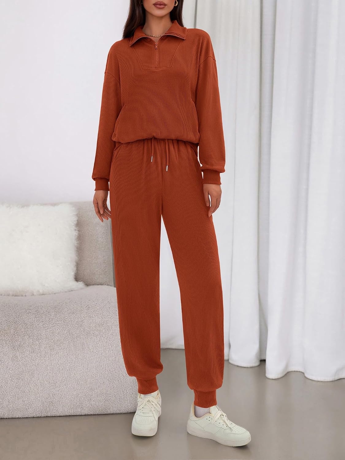 image:imageBTFBM Womens 2 Piece Tracksuit Fall Outfits 2026 Long Sleeve Half Zip Sweatshirt Sweatpants Lounge Set SweatsuitsSolid Brick Red