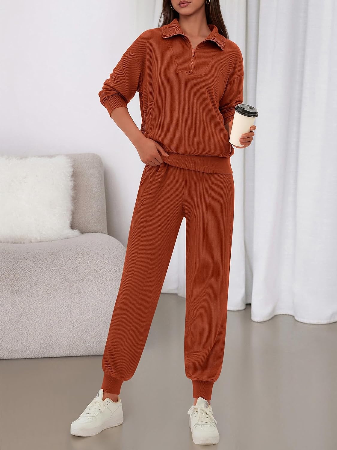 image:imageBTFBM Womens 2 Piece Tracksuit Fall Outfits 2026 Long Sleeve Half Zip Sweatshirt Sweatpants Lounge Set SweatsuitsSolid Brick Red