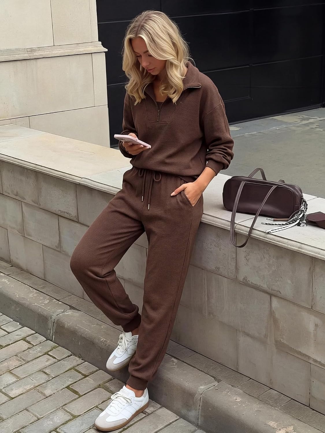 image:imageBTFBM Womens 2 Piece Tracksuit Fall Outfits 2026 Long Sleeve Half Zip Sweatshirt Sweatpants Lounge Set SweatsuitsSolid Coffee