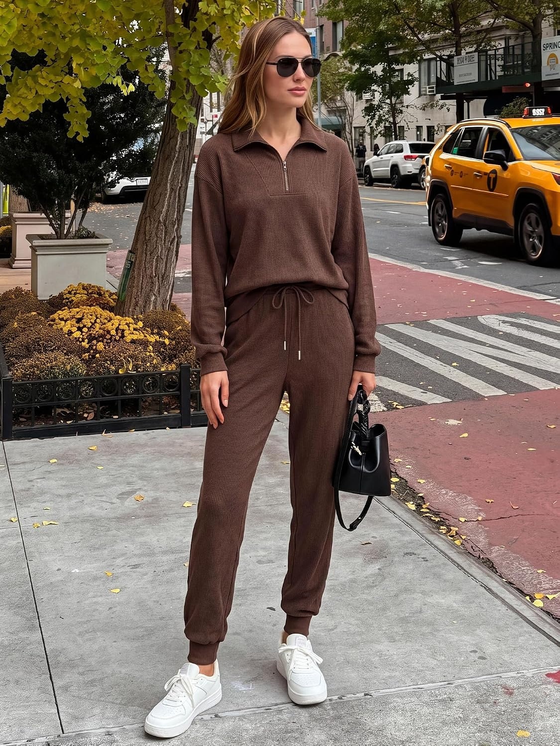 image:imageBTFBM Womens 2 Piece Tracksuit Fall Outfits 2026 Long Sleeve Half Zip Sweatshirt Sweatpants Lounge Set SweatsuitsSolid Coffee
