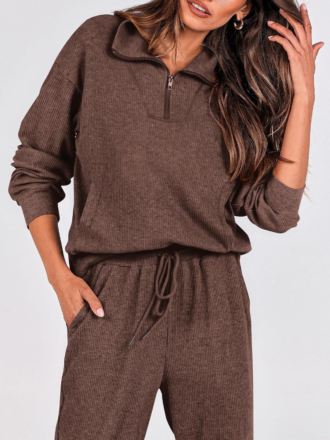 image:imageBTFBM Womens 2 Piece Tracksuit Fall Outfits 2026 Long Sleeve Half Zip Sweatshirt Sweatpants Lounge Set SweatsuitsSolid Coffee