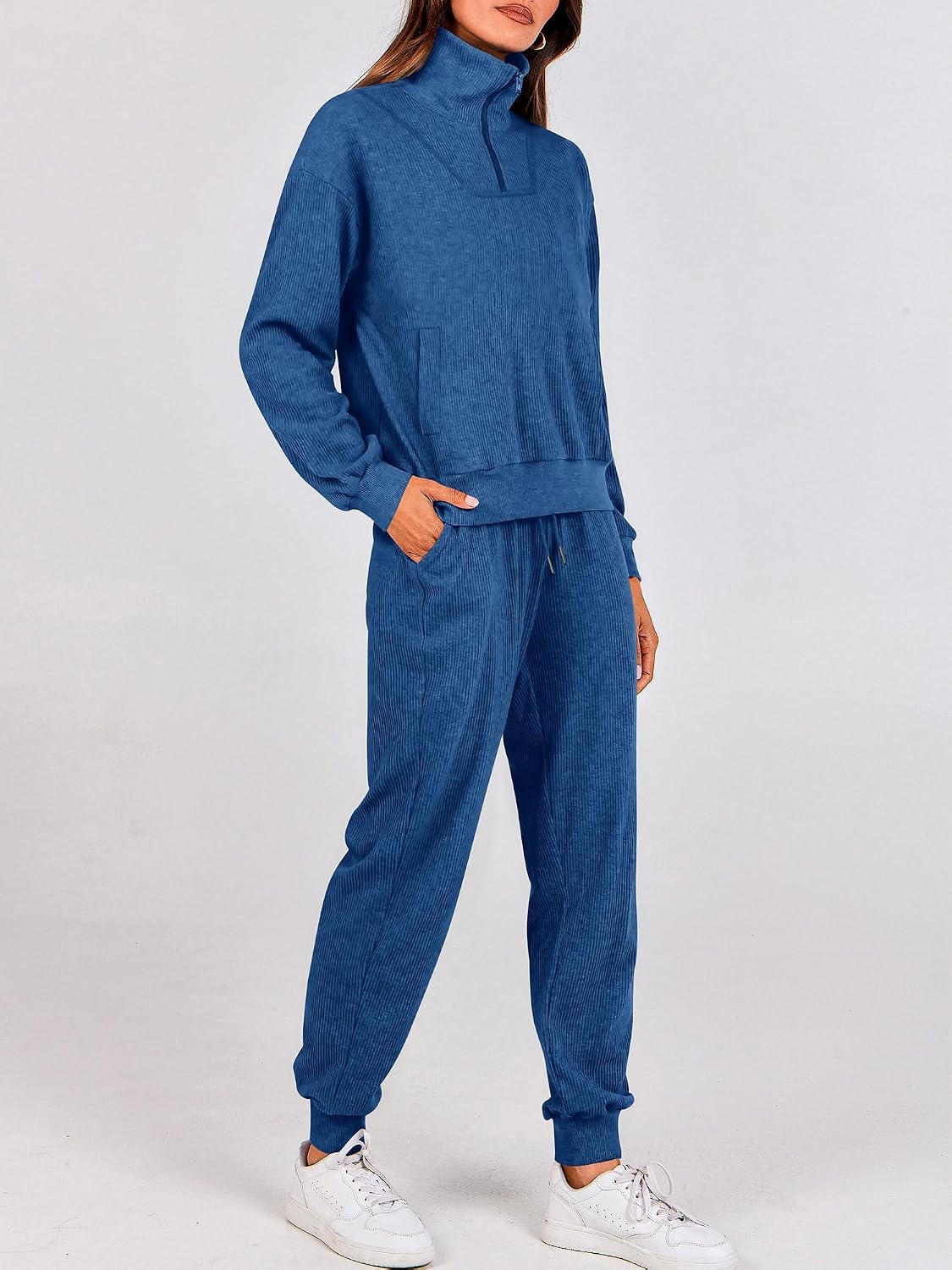 image:imageBTFBM Womens 2 Piece Tracksuit Fall Outfits 2026 Long Sleeve Half Zip Sweatshirt Sweatpants Lounge Set SweatsuitsSolid Dark Blue