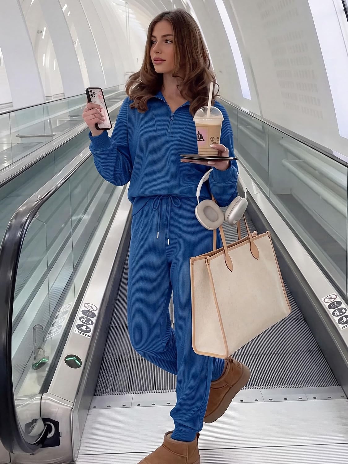 image:imageBTFBM Womens 2 Piece Tracksuit Fall Outfits 2026 Long Sleeve Half Zip Sweatshirt Sweatpants Lounge Set SweatsuitsSolid Dark Blue