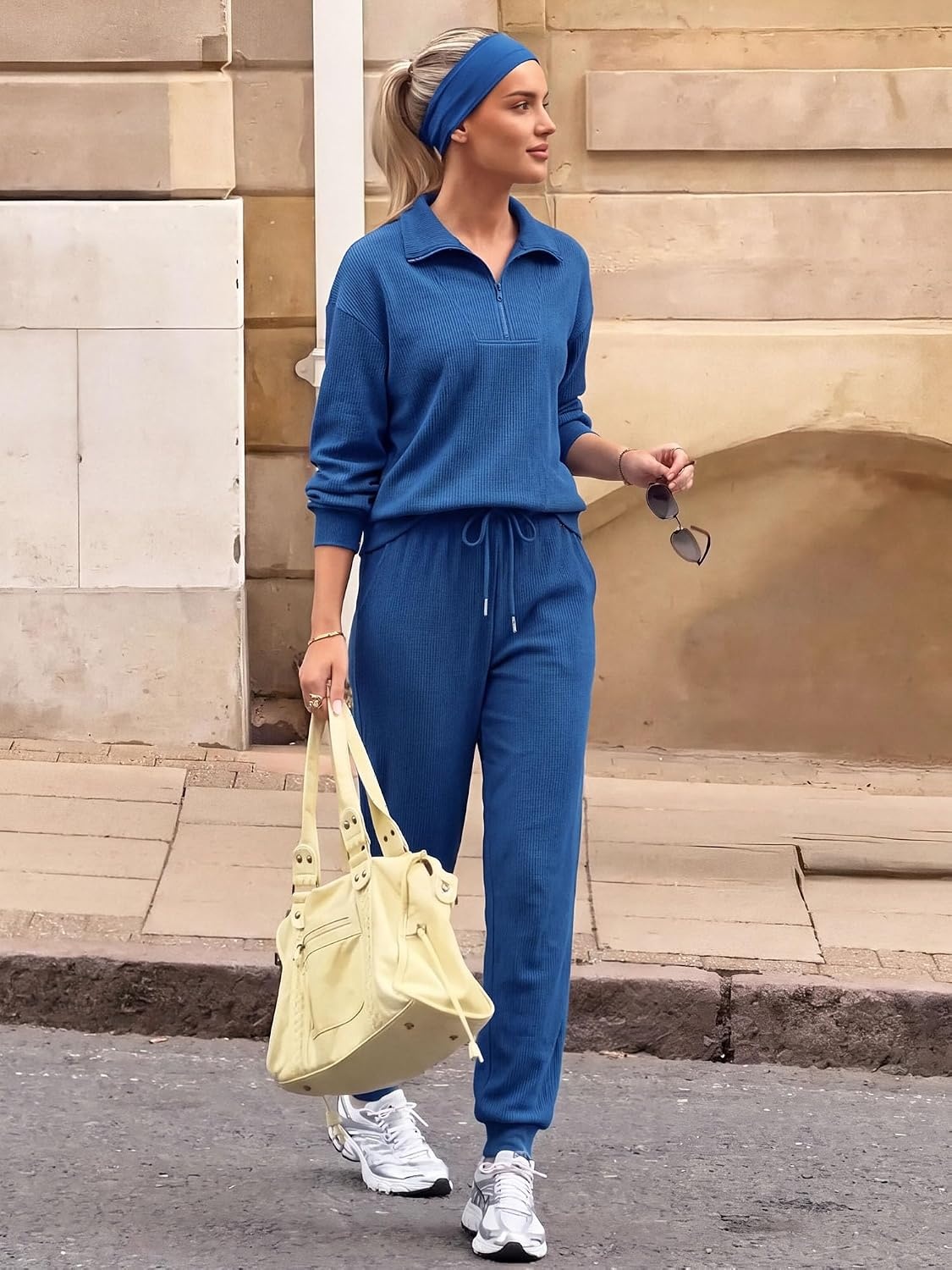 image:imageBTFBM Womens 2 Piece Tracksuit Fall Outfits 2026 Long Sleeve Half Zip Sweatshirt Sweatpants Lounge Set SweatsuitsSolid Dark Blue