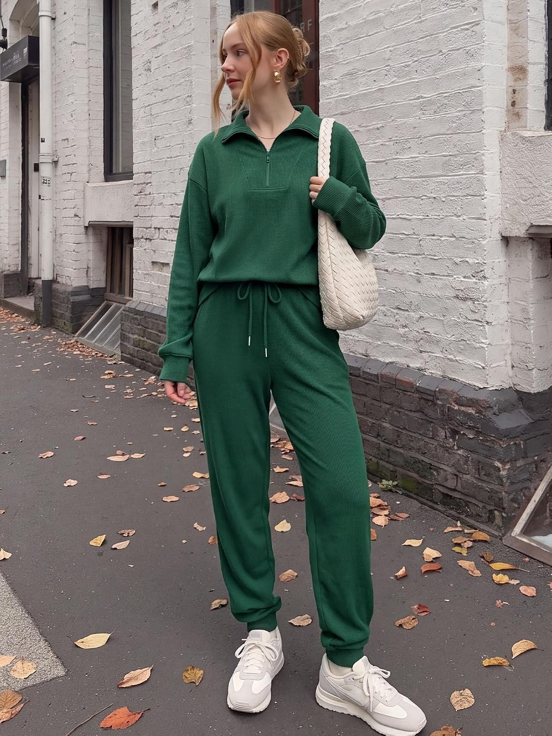 image:imageBTFBM Womens 2 Piece Tracksuit Fall Outfits 2026 Long Sleeve Half Zip Sweatshirt Sweatpants Lounge Set SweatsuitsSolid Dark Green