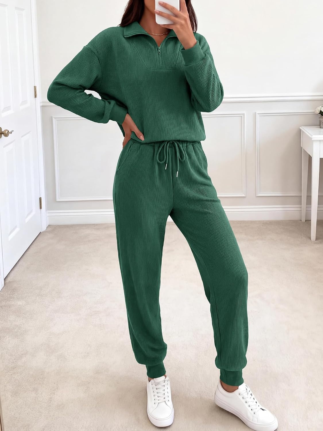 image:imageBTFBM Womens 2 Piece Tracksuit Fall Outfits 2026 Long Sleeve Half Zip Sweatshirt Sweatpants Lounge Set SweatsuitsSolid Dark Green