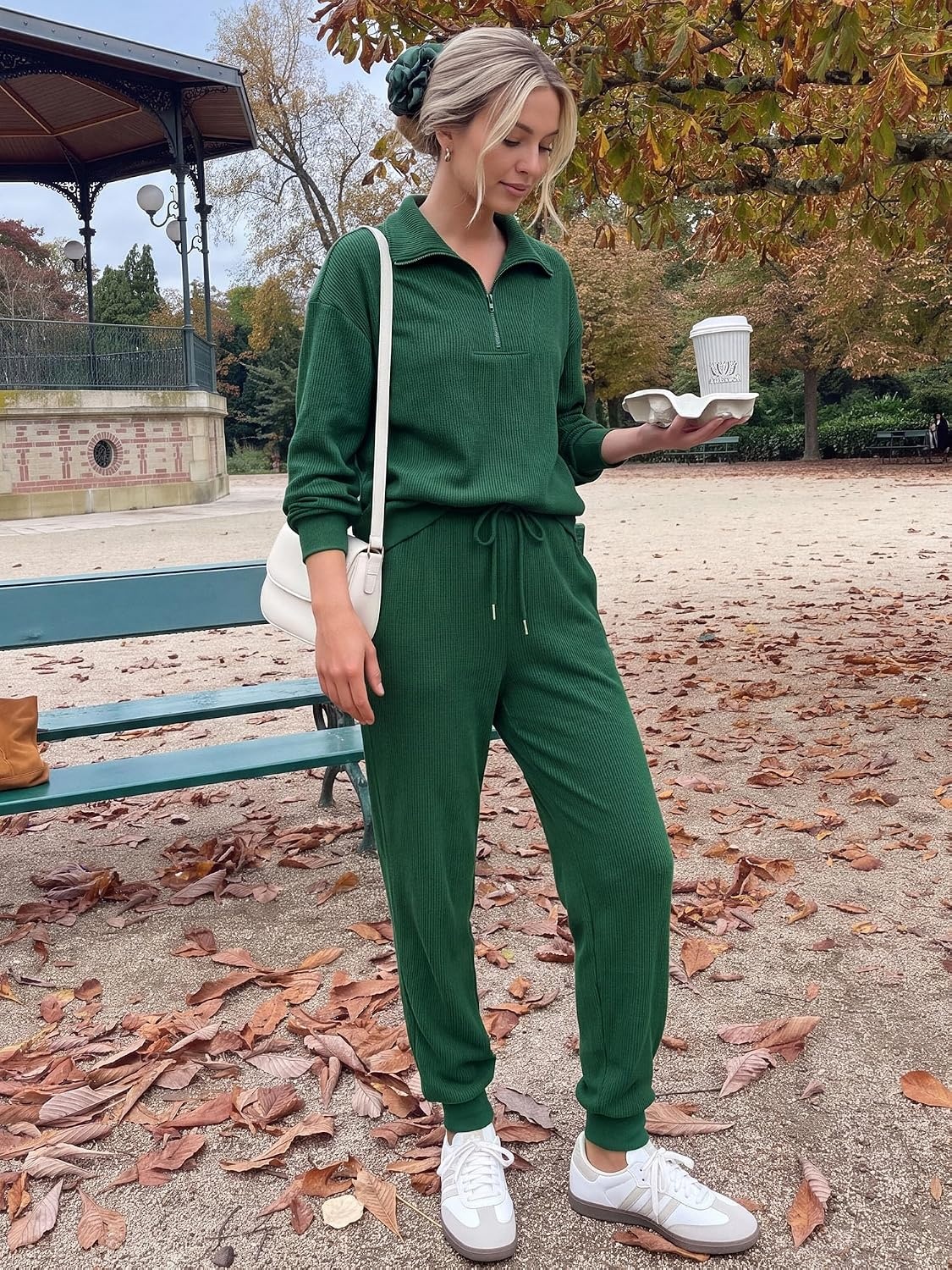 image:imageBTFBM Womens 2 Piece Tracksuit Fall Outfits 2026 Long Sleeve Half Zip Sweatshirt Sweatpants Lounge Set SweatsuitsSolid Dark Green