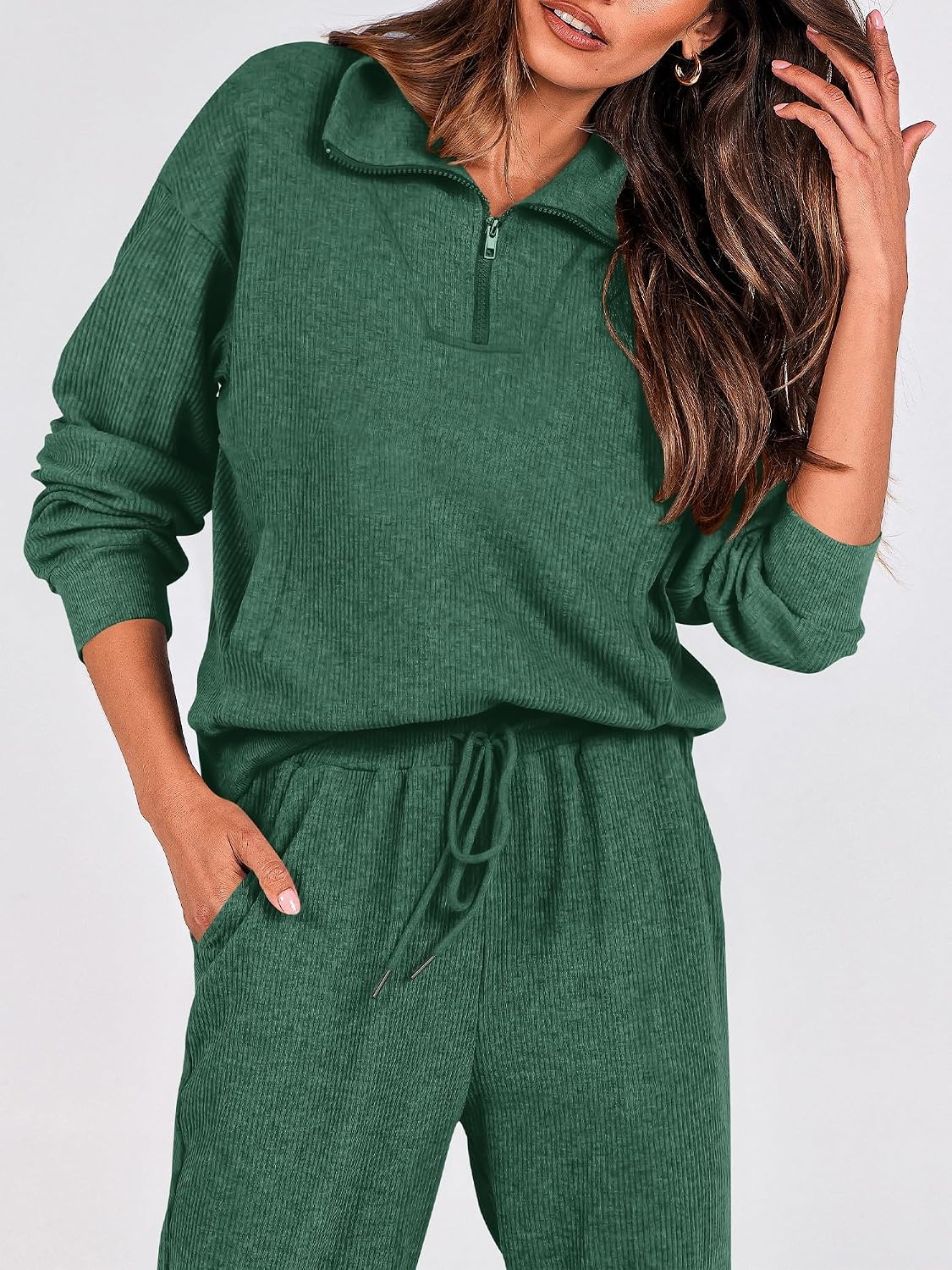 image:imageBTFBM Womens 2 Piece Tracksuit Fall Outfits 2026 Long Sleeve Half Zip Sweatshirt Sweatpants Lounge Set SweatsuitsSolid Dark Green